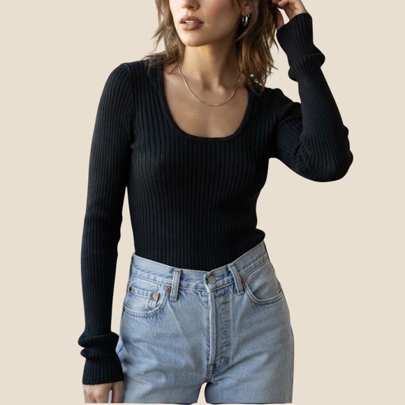 Wayne Rogers Tops - Vintage Wayne Rogers Black Ribbed Silk Blend Scoop Neck Long Sleeve Top Large